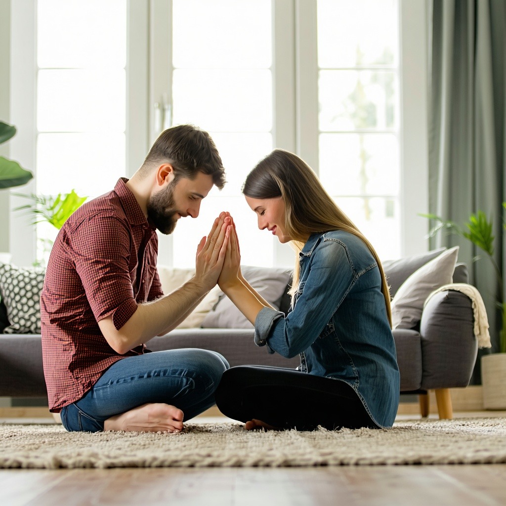Couples praying together at home image should be in a ratio of 21